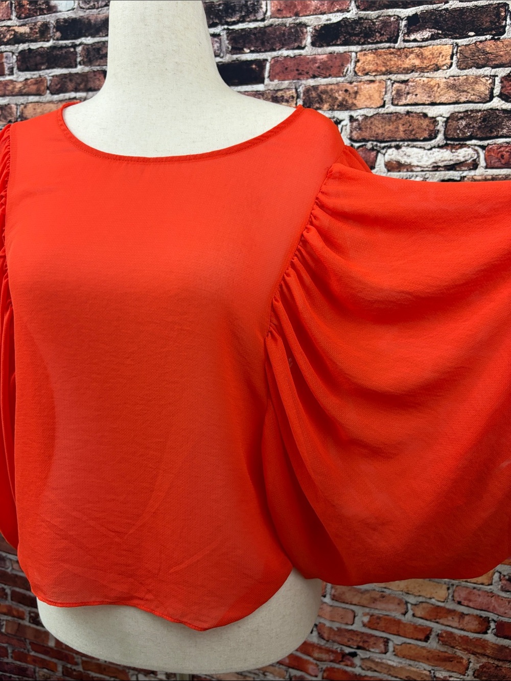 I•ner Women's Orangey Red Puff Sleeve Blouse open back Size M-L